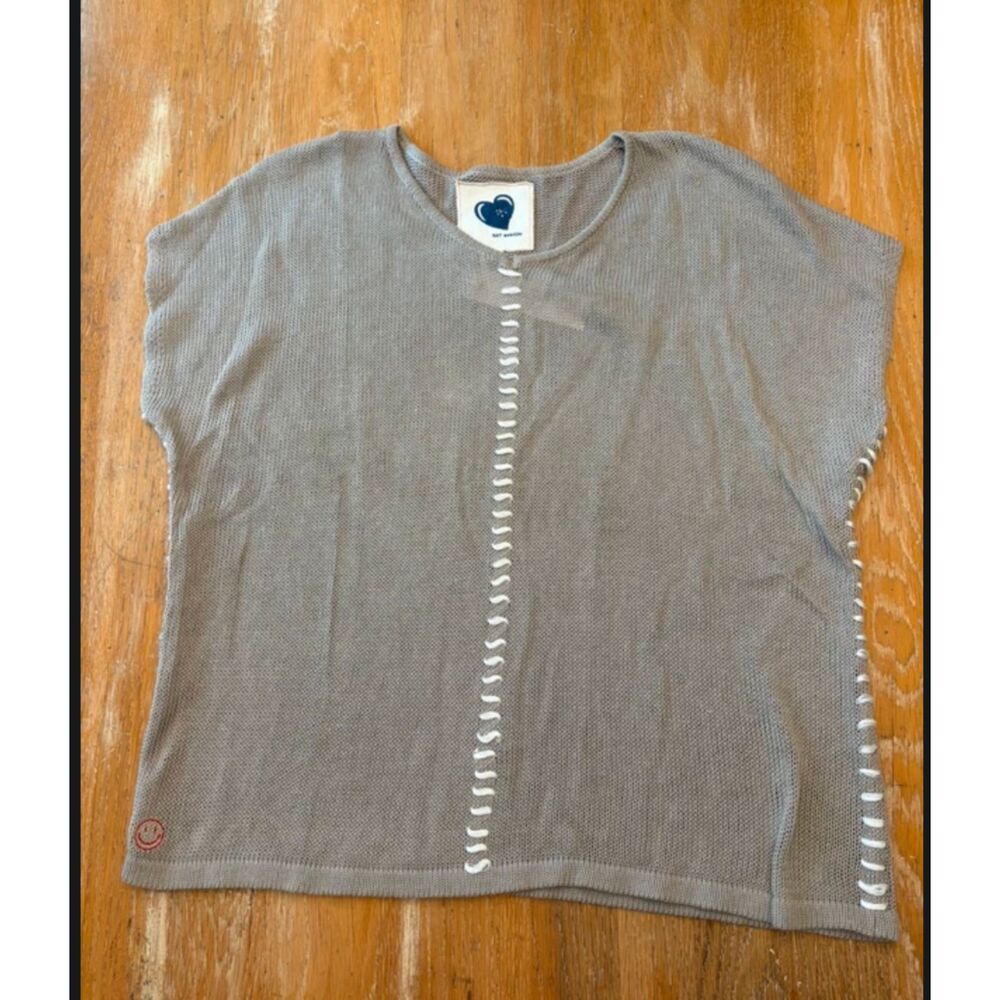 NEW Sz S-Oversized Linen Cotton Just Madison Taupe Cap Sleeve Sweater Whipstitch